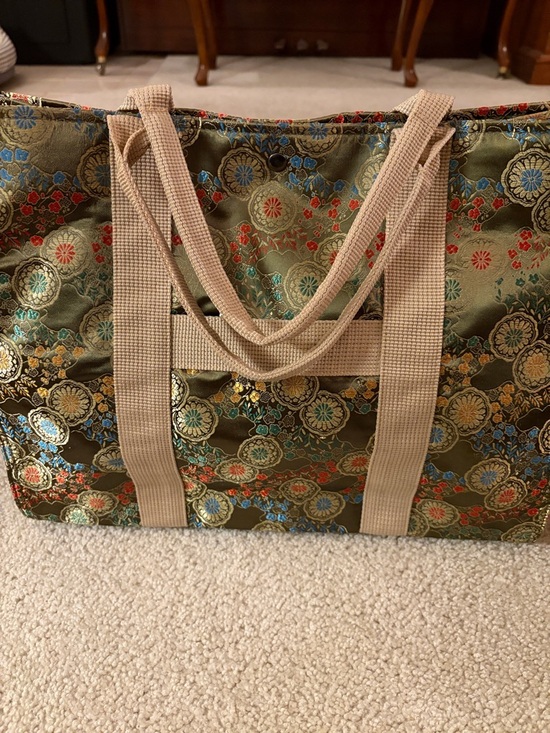 Handbags - Oriental Olive Green Vibrant Floral Jacquard Satin Tote Bag with Beige Straps